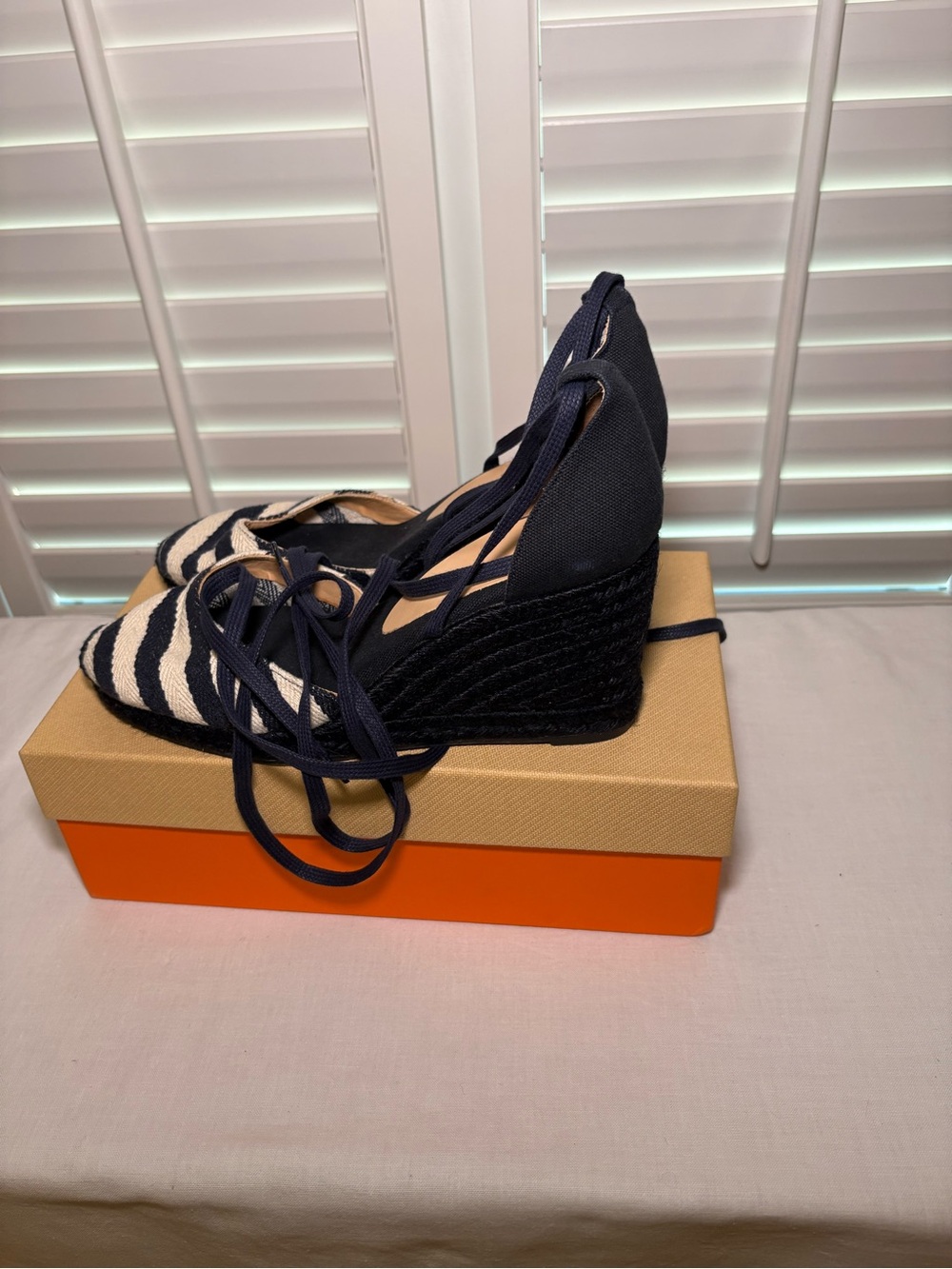 Castaner Navy and Cream Striped Wedge Espadrilles with Ankle Tie